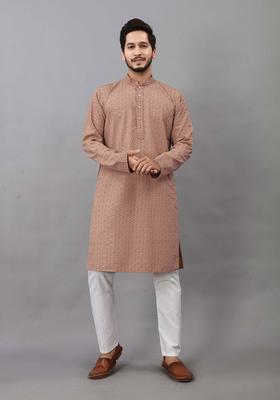Brown Self Design Viscose Kurta Set For Men