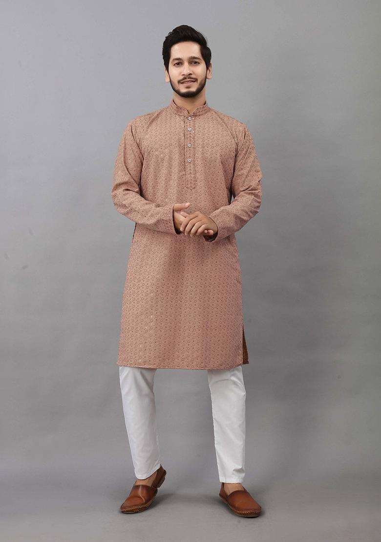 Brown Self Design Viscose Kurta Set For Men - Indya