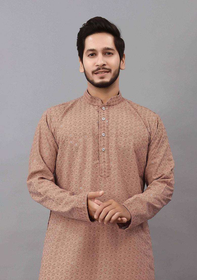 Brown Self Design Viscose Kurta Set For Men - Indya