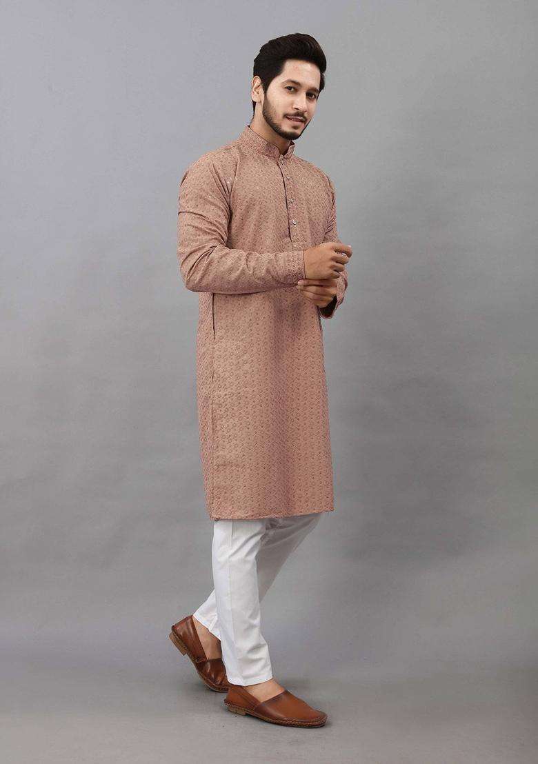 Brown Self Design Viscose Kurta Set For Men - Indya