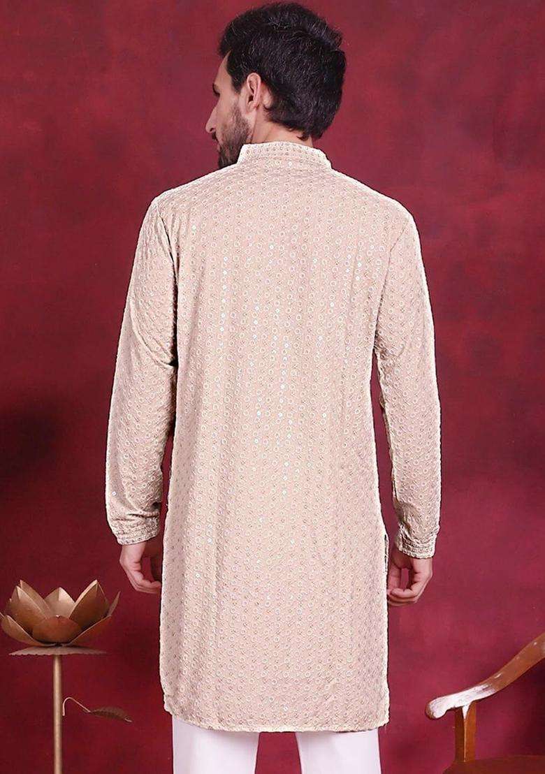 Beige Embroidered Viscose Kurta Set For Men - Indya