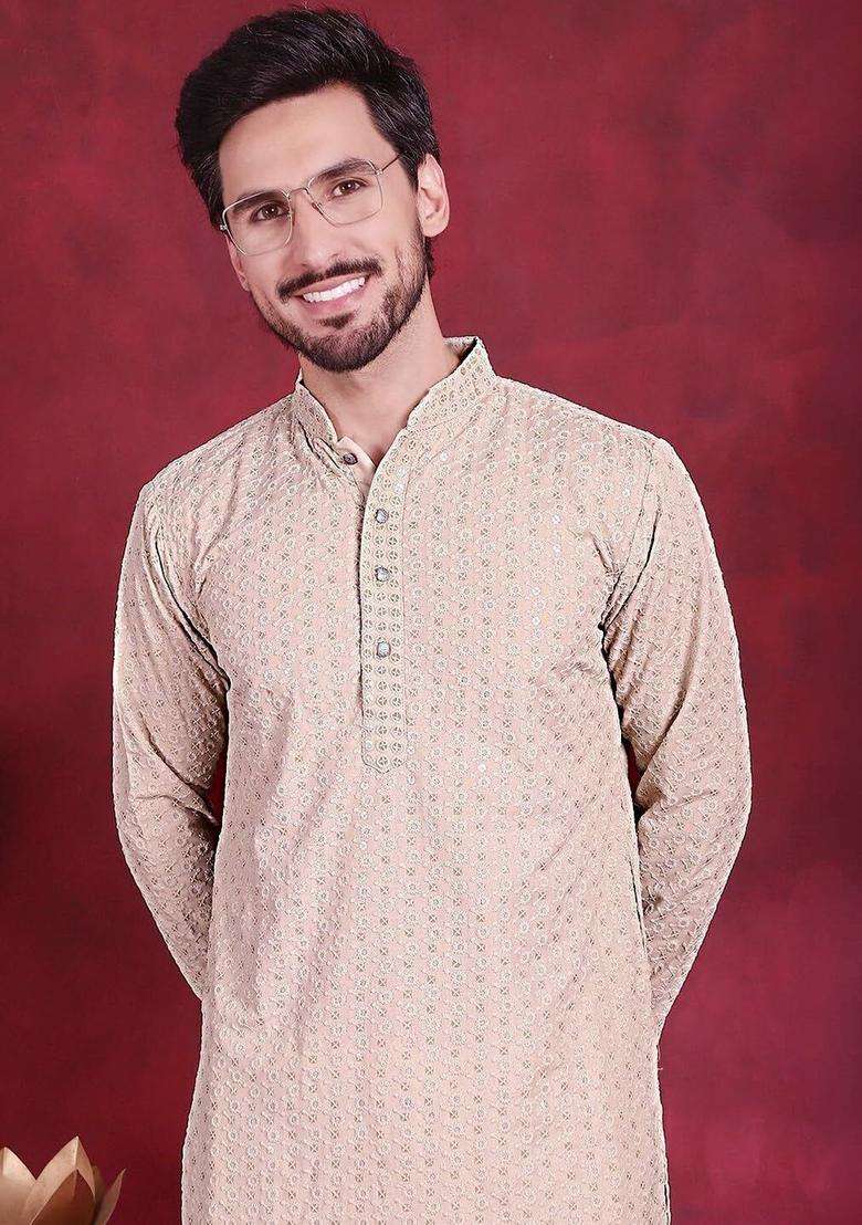 Beige Embroidered Viscose Kurta Set For Men - Indya