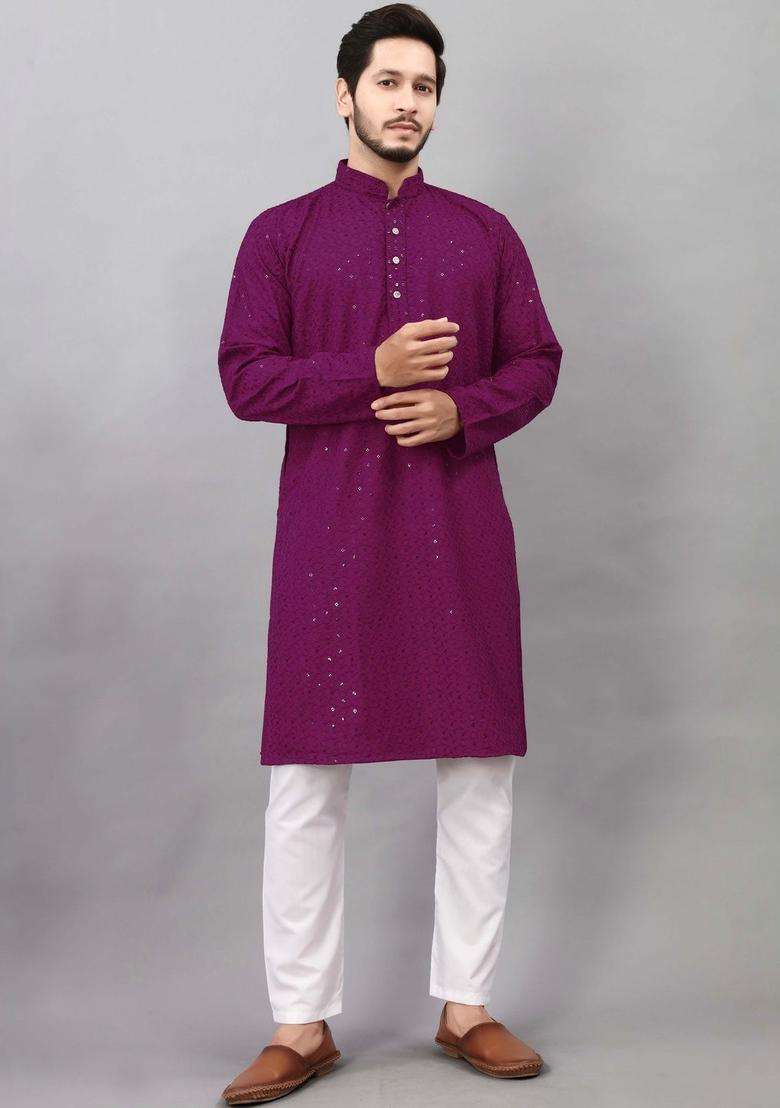 Purple Self Design Viscose Kurta Set For Men - Indya