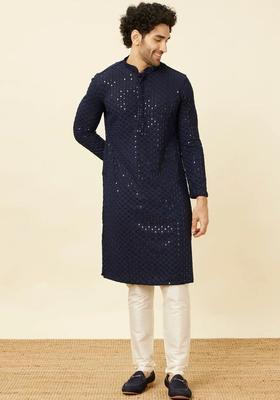 Navy Blue Embroidered Viscose Kurta Set For Men