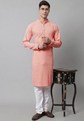 Peach Embroidered Viscose Kurta Set For Men