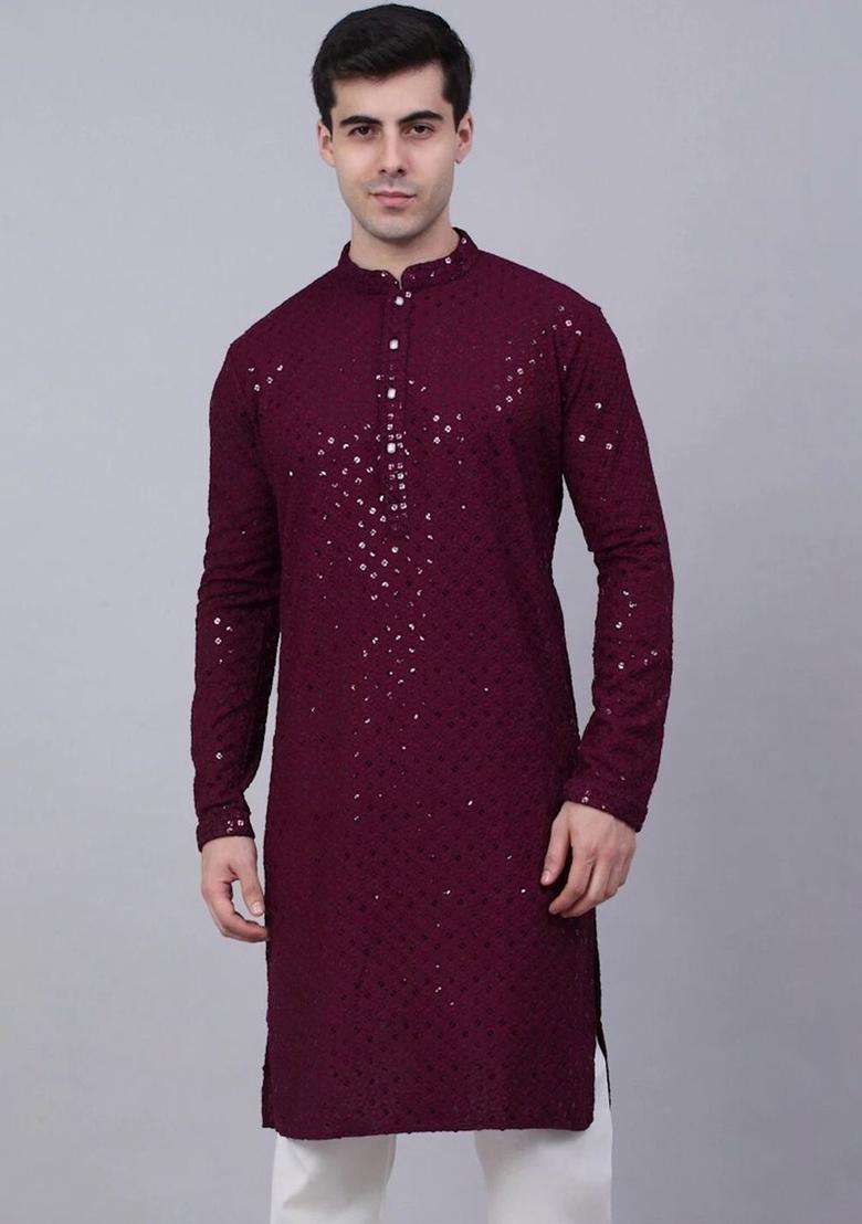 Maroon Self Design Viscose Kurta Set For Men - Indya