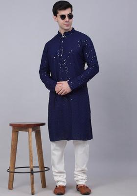 Navy Blue Embroidered Viscose Kurta Set For Men