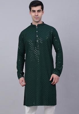 Green Self Design Viscose Kurta Set For Men