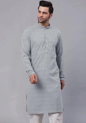 Grey Embroidered Viscose Kurta Set For Men