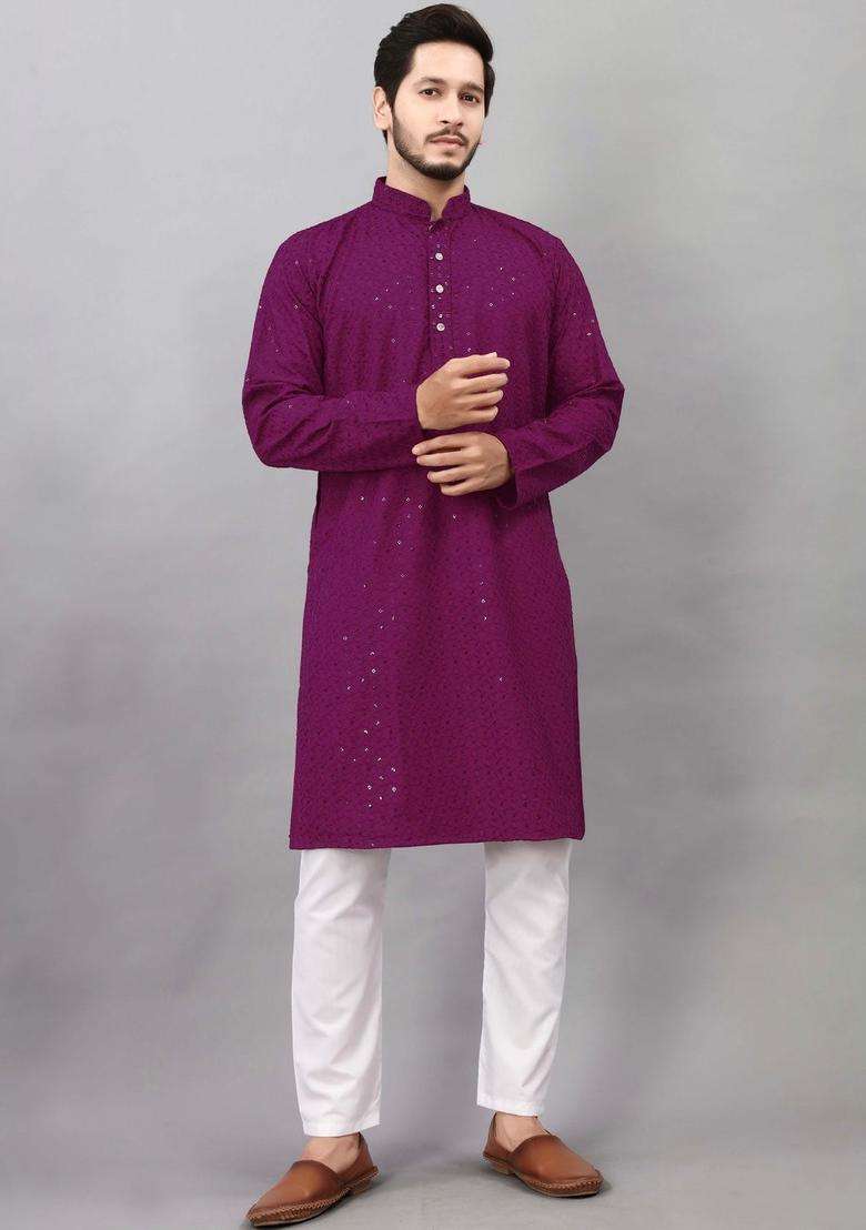Purple Self Design Viscose Kurta Set For Men - Indya