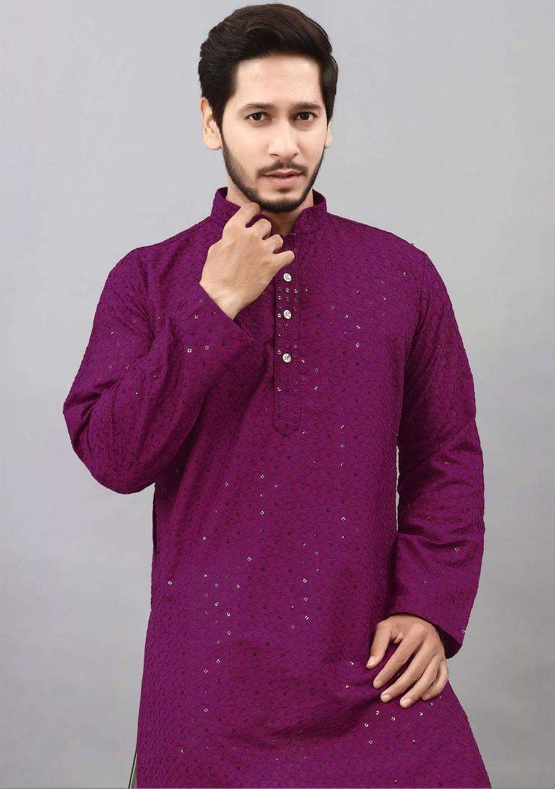 Purple Self Design Viscose Kurta Set For Men - Indya