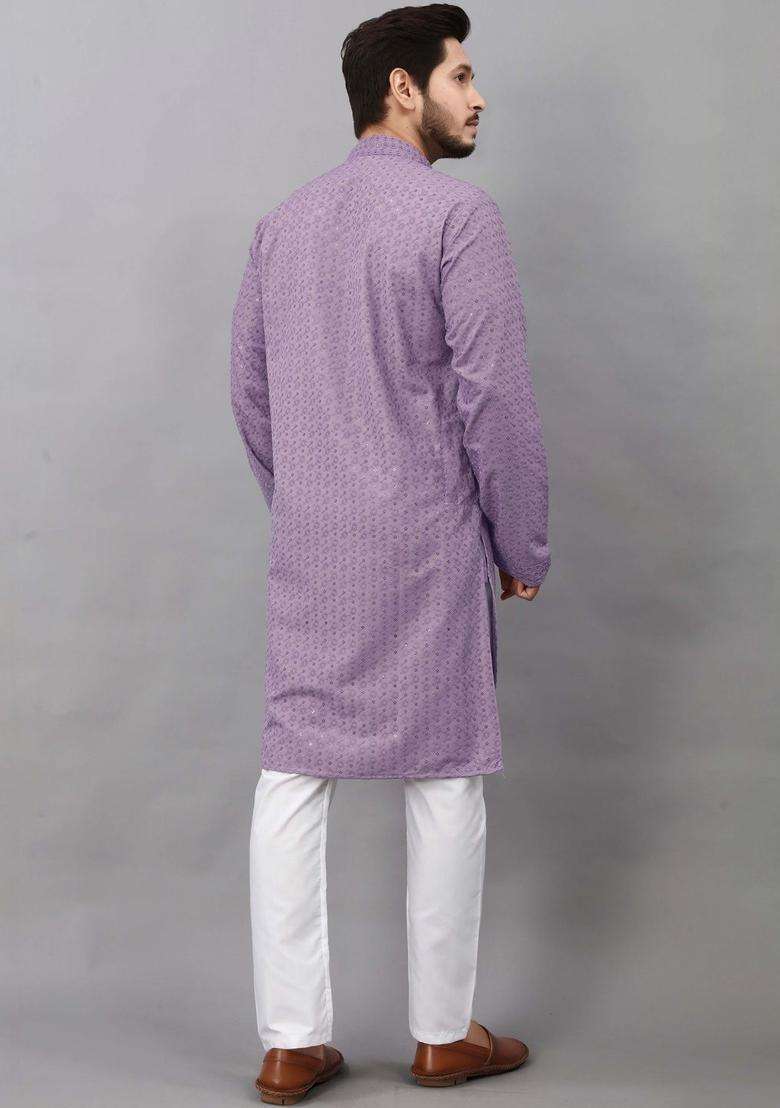 Purple Self Design Viscose Kurta Set For Men - Indya