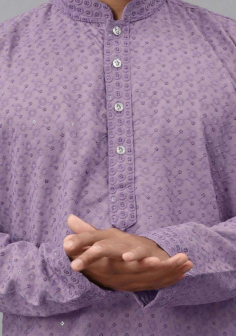 Purple Self Design Viscose Kurta Set For Men - Indya