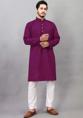 Purple Embroidered Viscose Kurta Set For Men