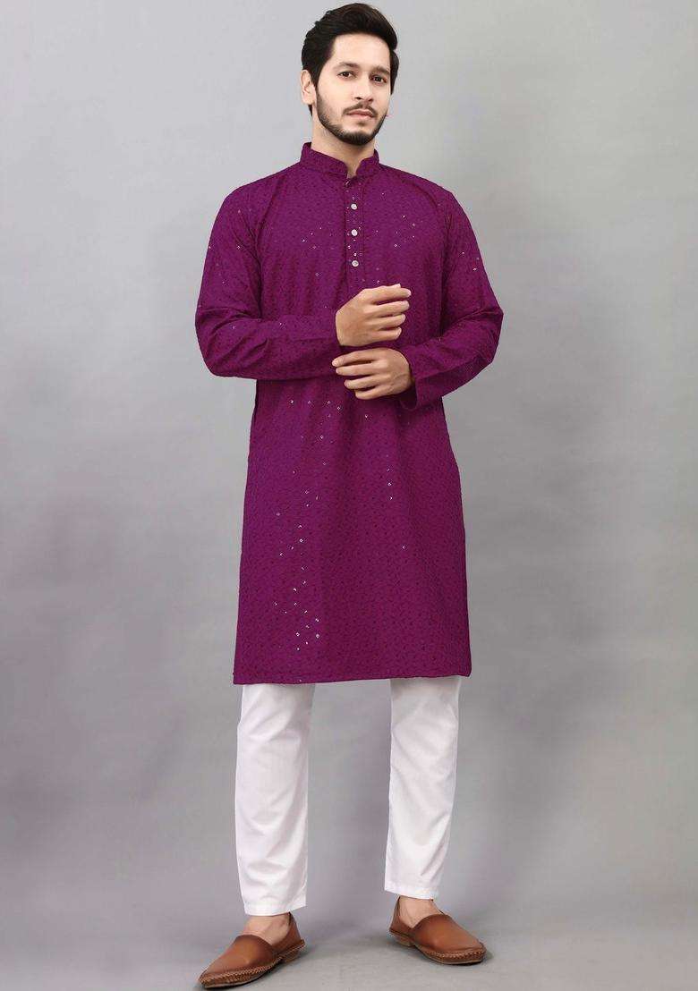 Purple Embroidered Viscose Kurta Set For Men - Indya