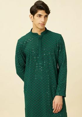 Green Self Design Viscose Kurta Set For Men
