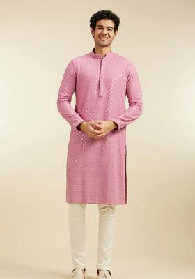 Pink Woven Design Viscose Kurta Set For Men