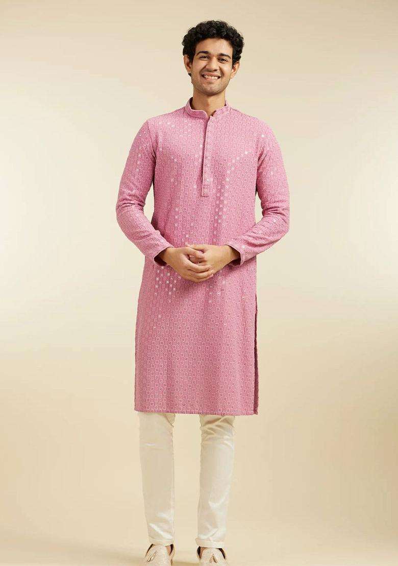 Pink Woven Design Viscose Kurta Set For Men - Indya