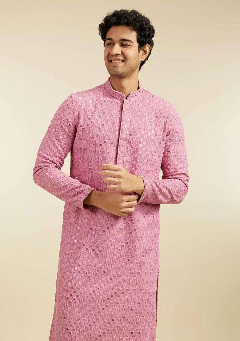 Pink Woven Design Viscose Kurta Set For Men - Indya