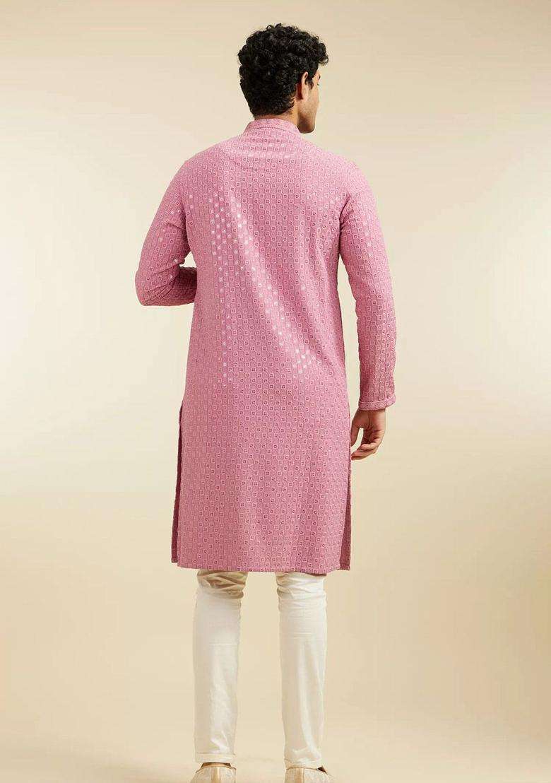 Pink Woven Design Viscose Kurta Set For Men - Indya