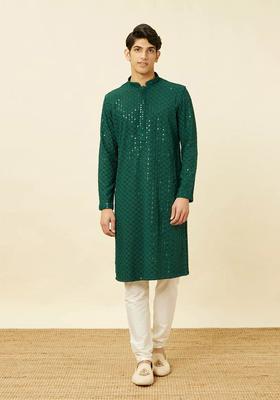 Green Woven Design Viscose Kurta Set For Men