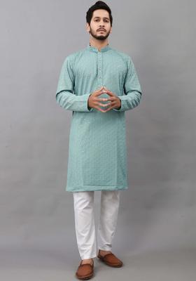Sea Green Self Design Viscose Kurta Set For Men
