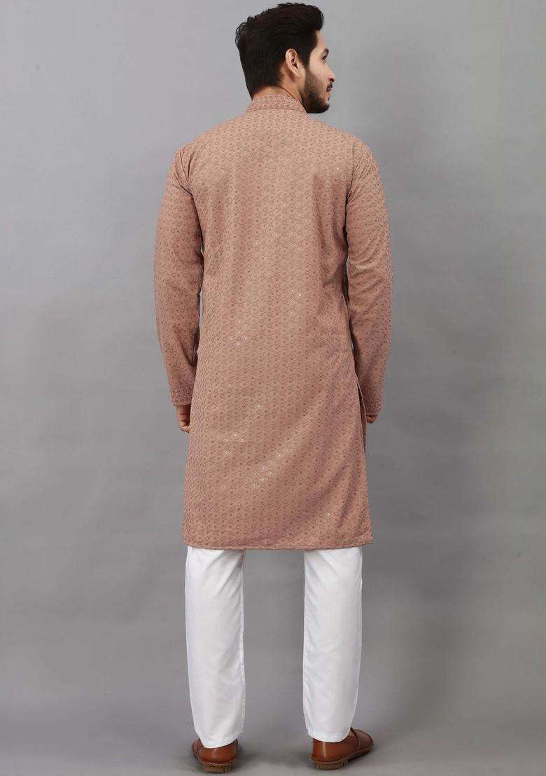 Brown Self Design Viscose Kurta Set For Men - Indya