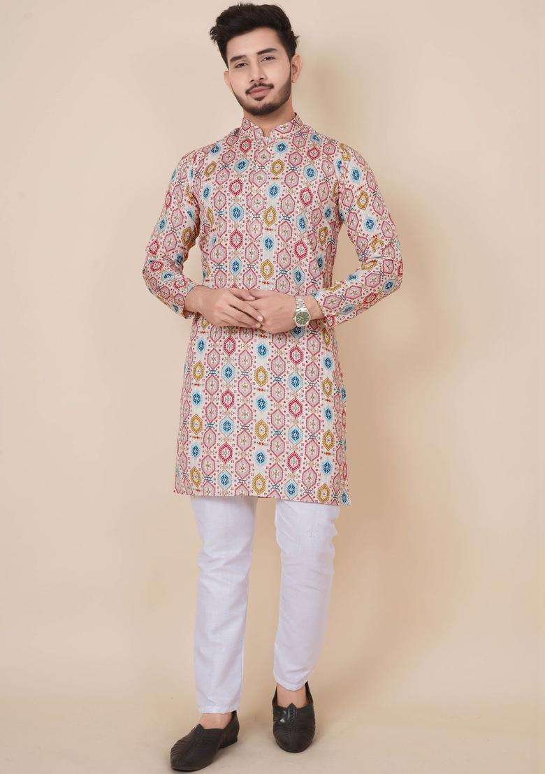 Multi Printed Viscose Kurta Set For Men - Indya