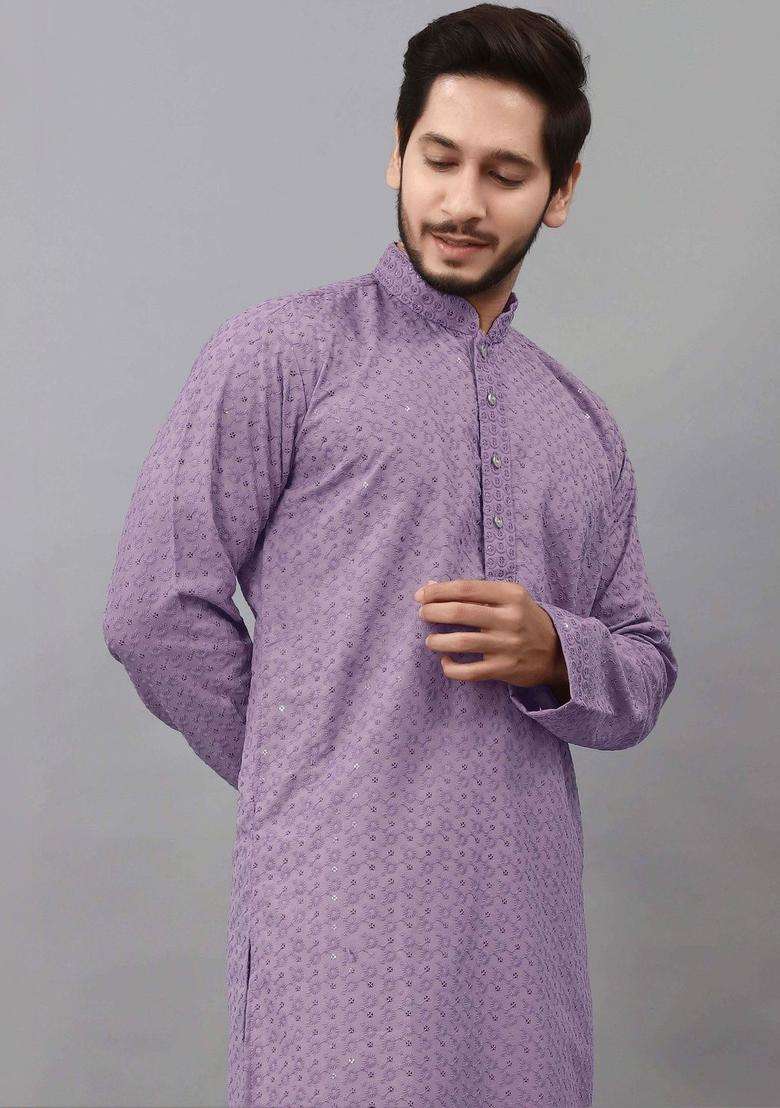 Purple Embroidered Viscose Kurta Set For Men - Indya