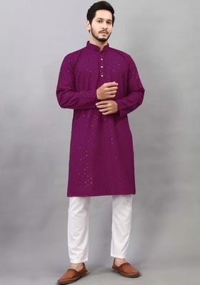 Purple Embroidered Viscose Kurta Set For Men