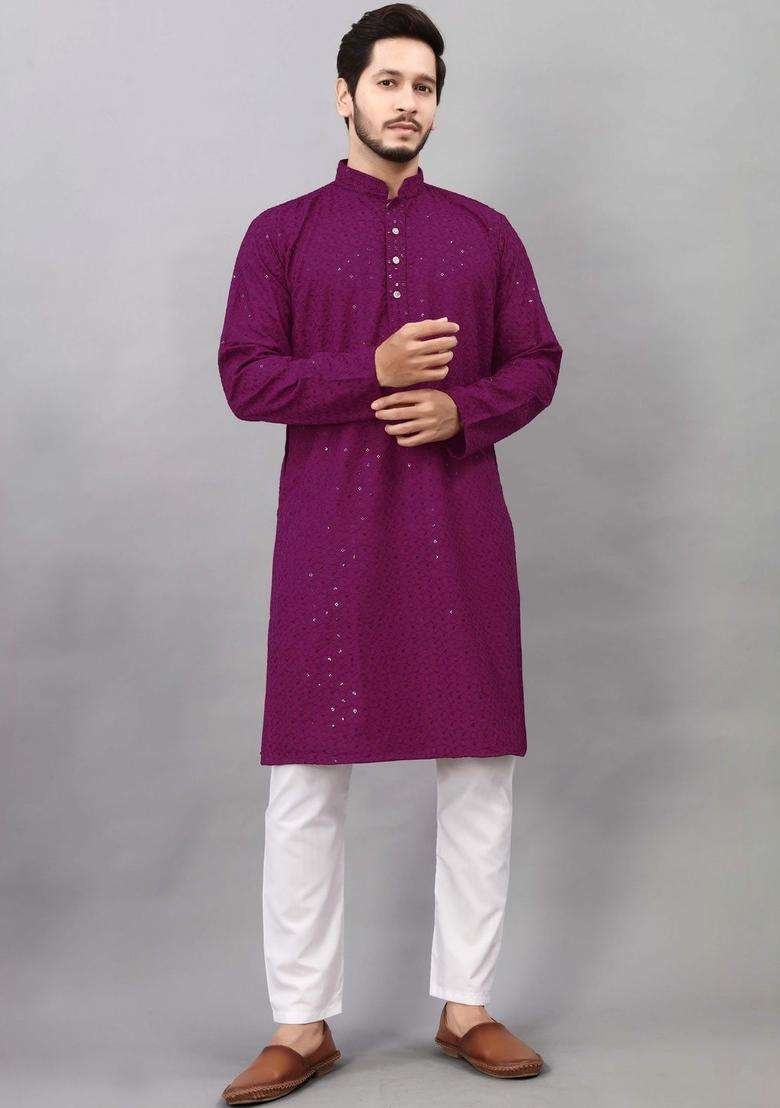 Purple Embroidered Viscose Kurta Set For Men - Indya