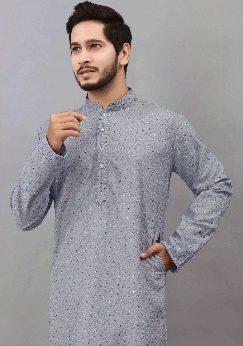 Grey Embroidered Viscose Kurta Set For Men - Indya