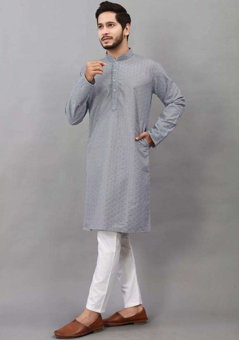 Grey Embroidered Viscose Kurta Set For Men - Indya