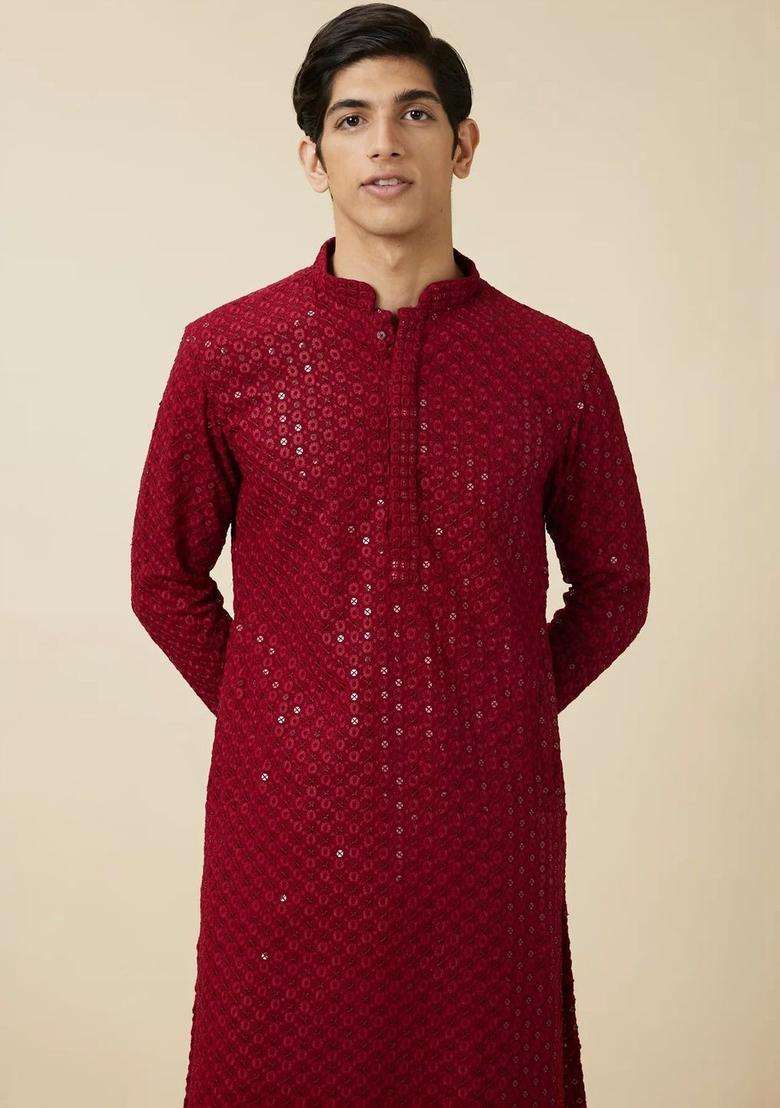 Maroon Embroidered Viscose Kurta Set For Men - Indya