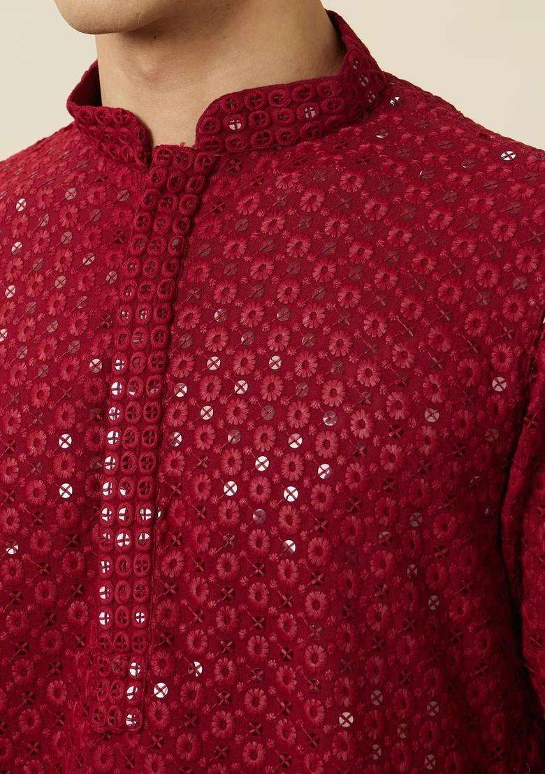 Maroon Embroidered Viscose Kurta Set For Men - Indya