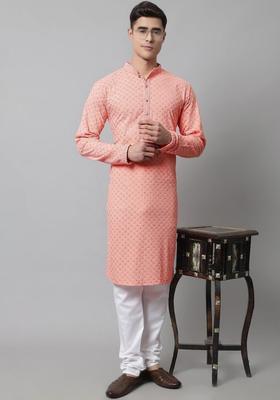 Peach Embroidered Viscose Kurta Set For Men