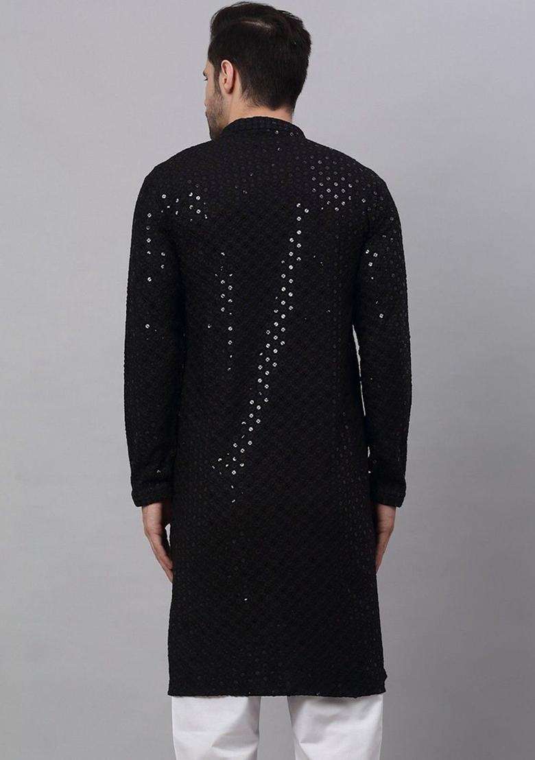 Black Self Design Viscose Kurta Set For Men - Indya