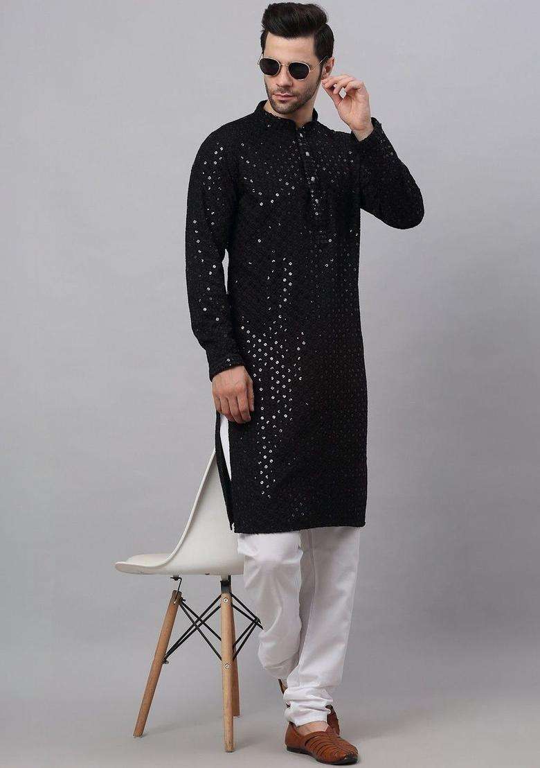 Black Self Design Viscose Kurta Set For Men - Indya
