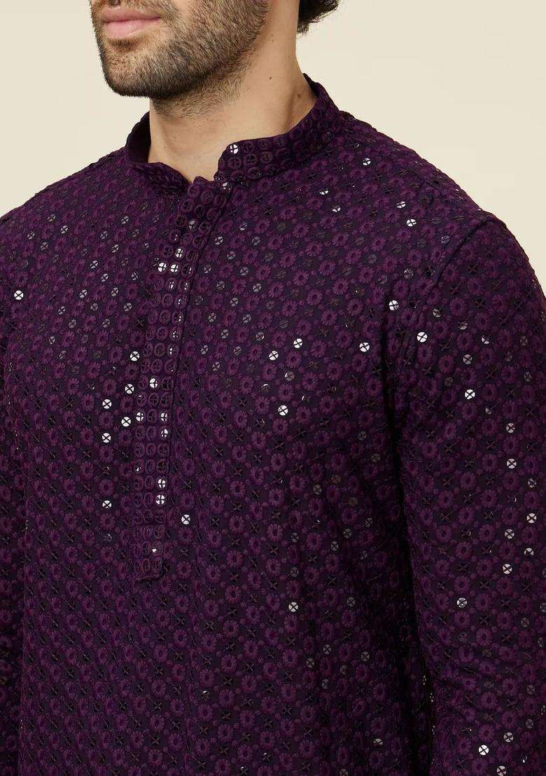 Purple Self Design Viscose Kurta Set For Men - Indya