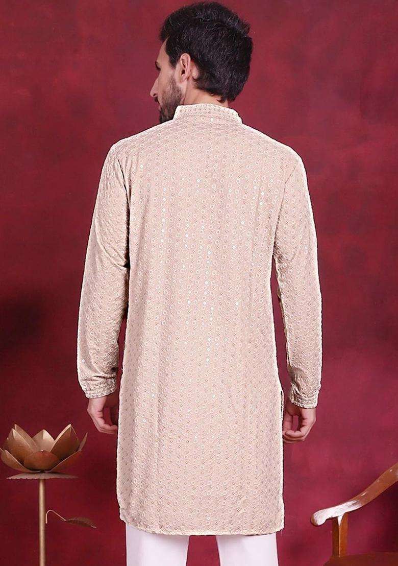 Beige Embroidered Viscose Kurta Set For Men - Indya