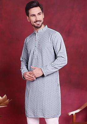 Blue Printed Viscose Kurta Set For Men
