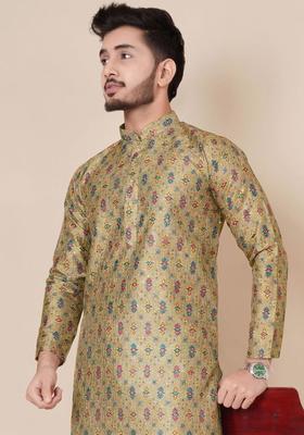 Green Printed Viscose Kurta Set For Men