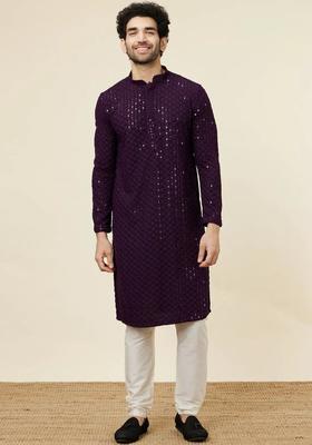Purple Embroidered Viscose Kurta Set For Men