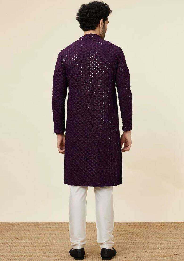 Purple Embroidered Viscose Kurta Set For Men - Indya
