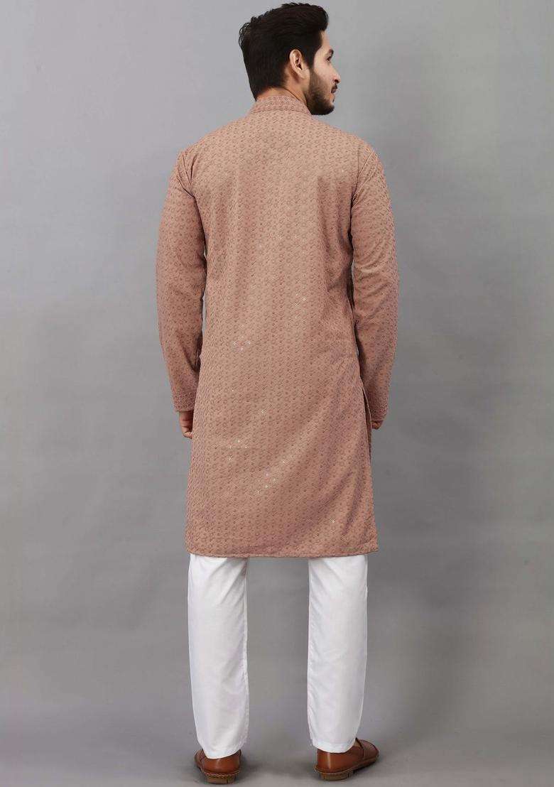 Brown Self Design Viscose Kurta Set For Men - Indya
