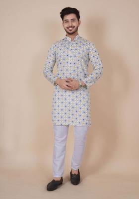Off White Printed Viscose Kurta Set For Men
