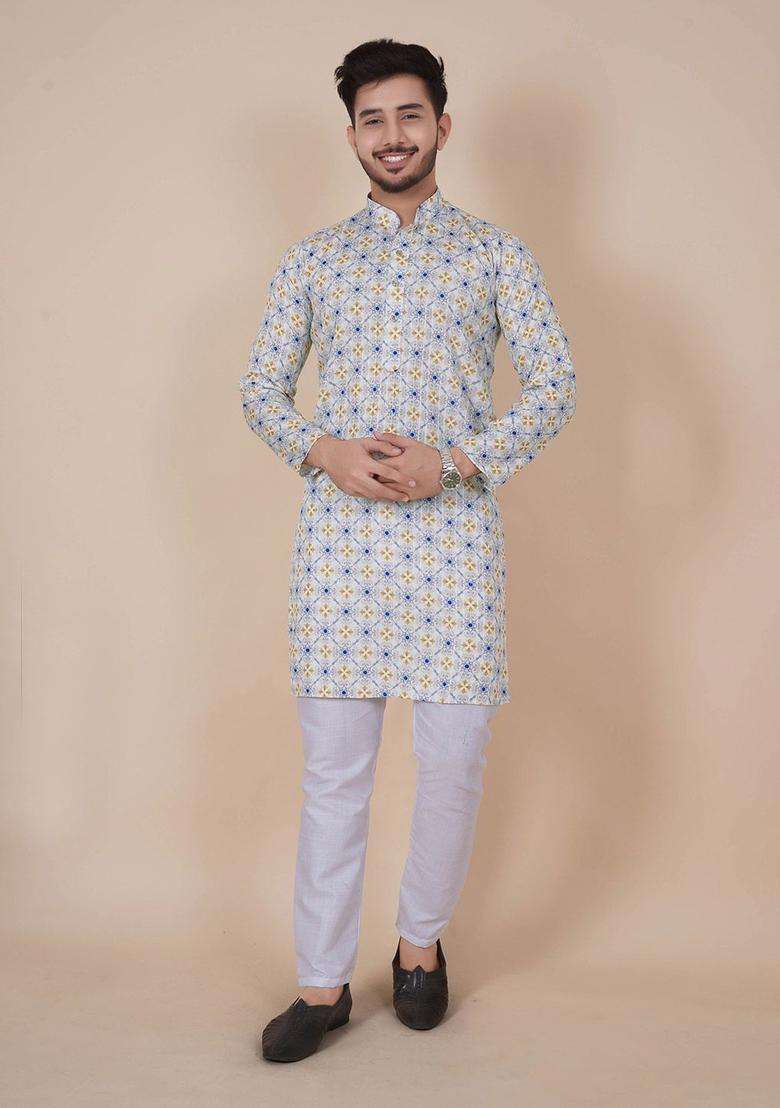 Off White Printed Viscose Kurta Set For Men - Indya