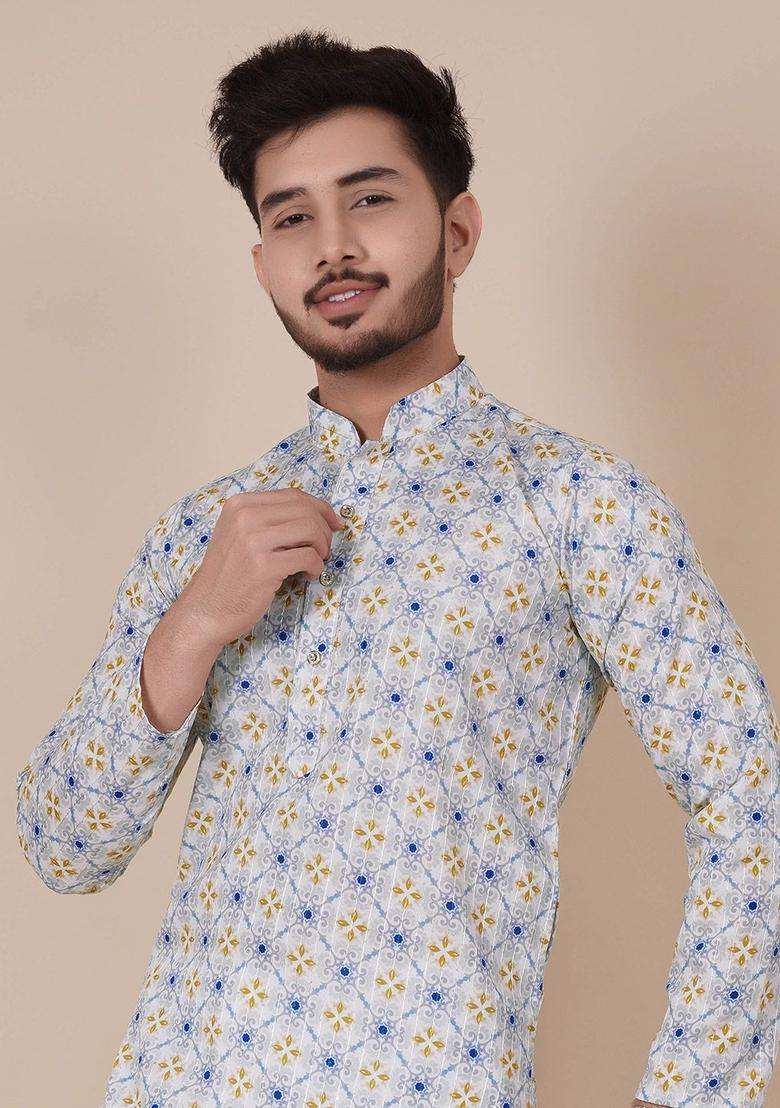 Off White Printed Viscose Kurta Set For Men - Indya