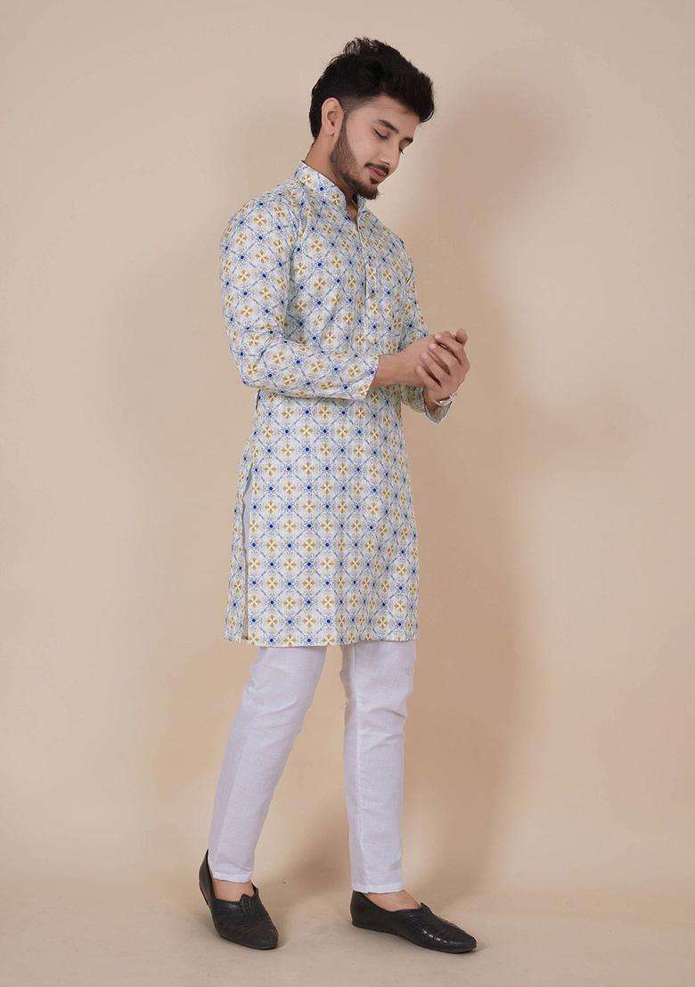 Off White Printed Viscose Kurta Set For Men - Indya