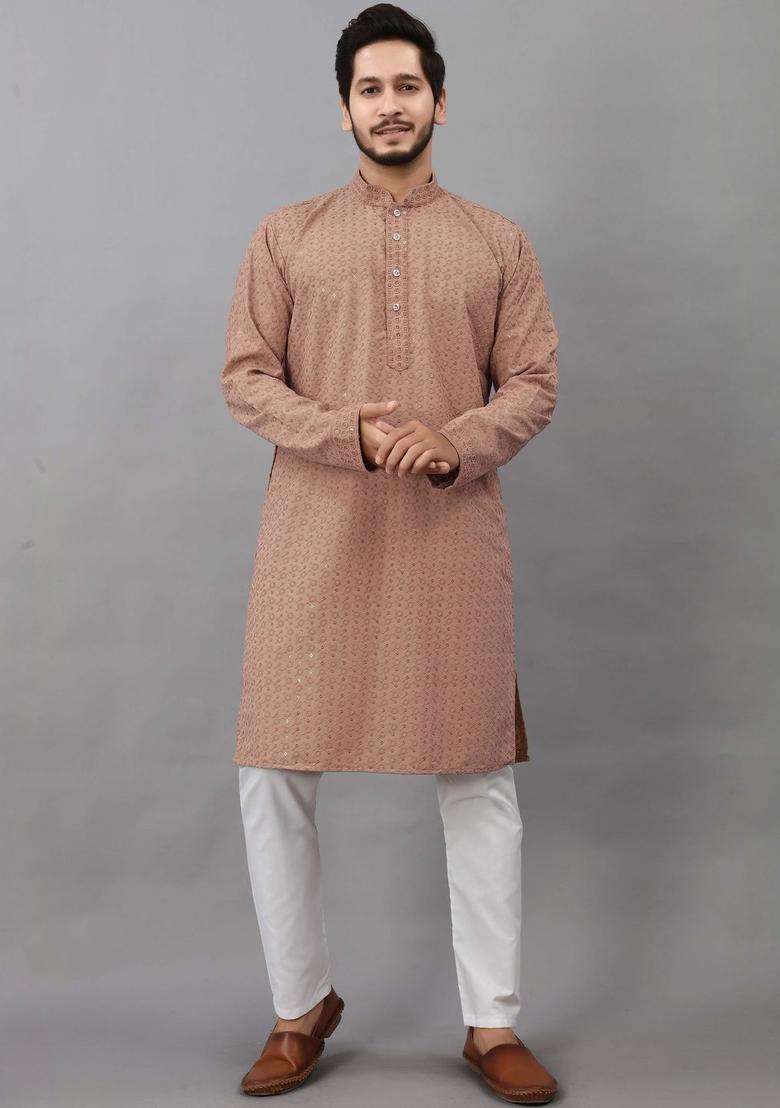 Brown Self Design Viscose Kurta Set For Men - Indya
